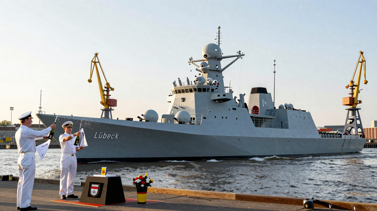 Navio de guerra Lübeck atracado com dois oficiais em uniforme a celebrar com champanhe.
