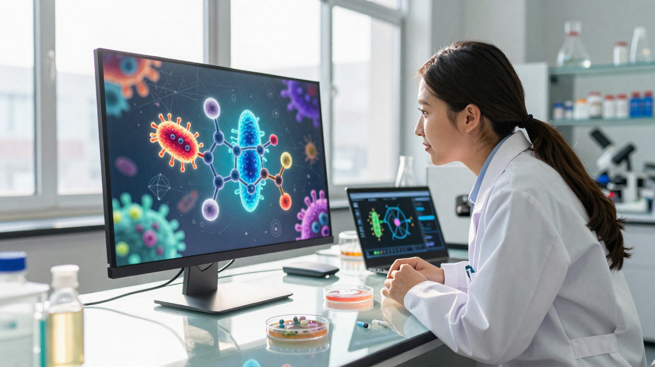 Investigadora num laboratório observa imagens digitais de vírus e bactérias em ecrã de computador.