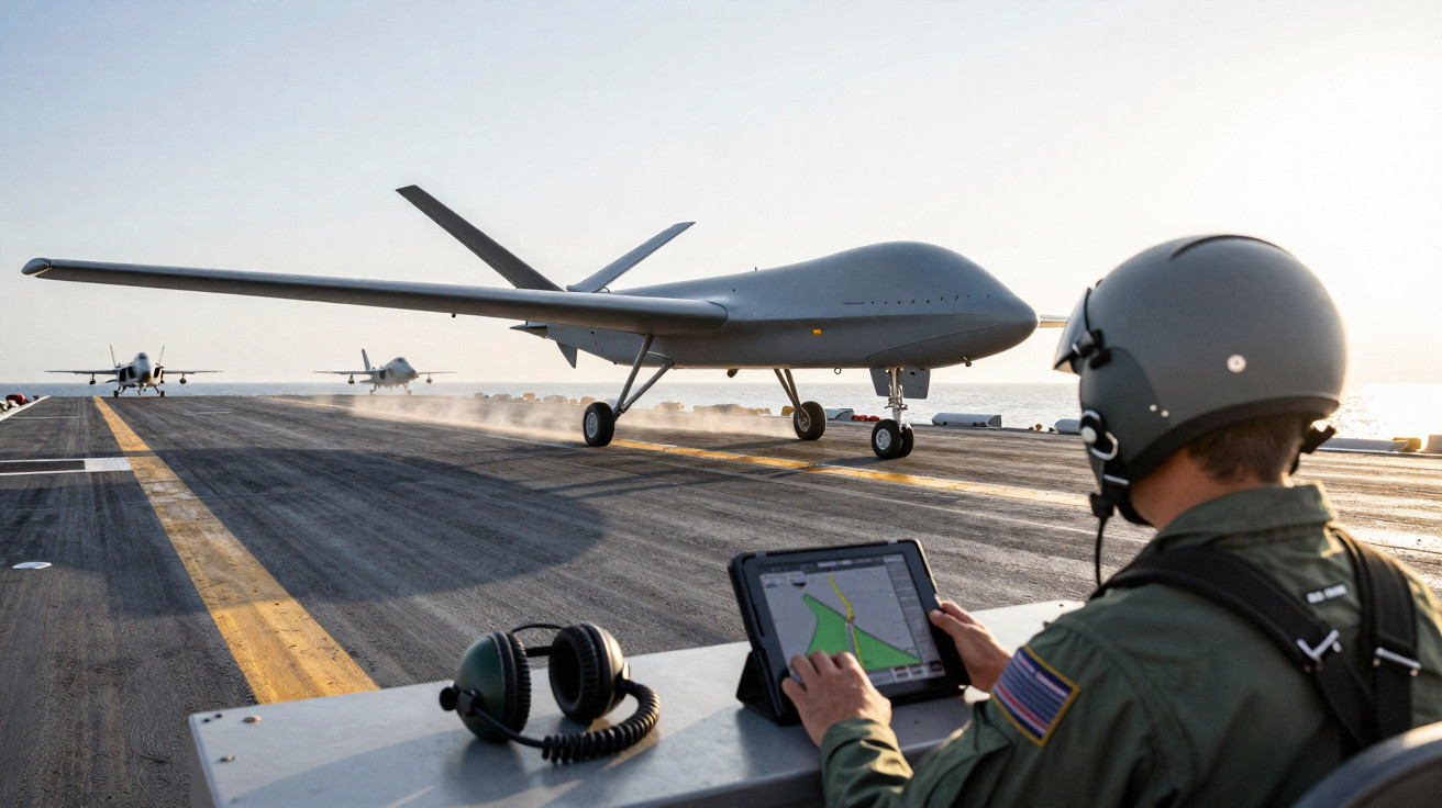 Homem com capacete e tablet controla descolagem de drone militar em porta-aviões ao pôr do sol.