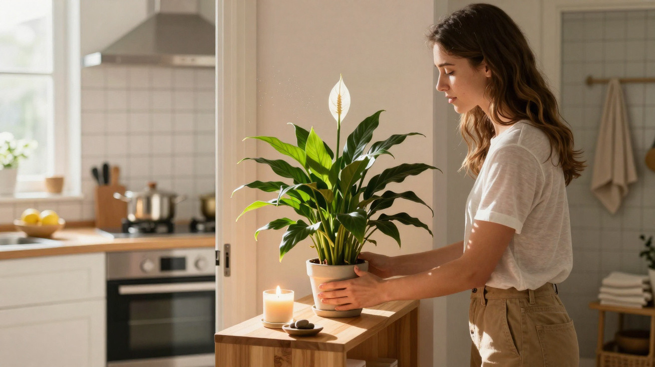 Mulher cuida de planta em vaso numa cozinha iluminada, com vela acesa numa mesa de madeira.