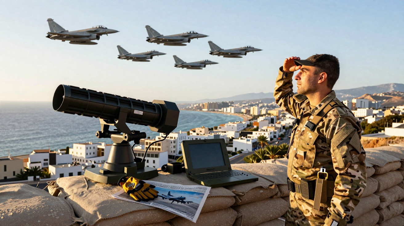 Soldado observa formação de seis aviões militares sobre zona costeira a partir de posição fortificada.