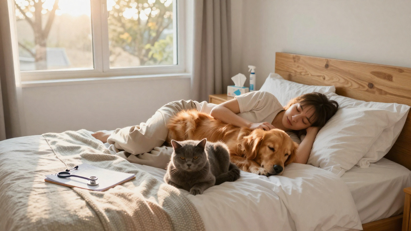 Mulher a dormir na cama com cão dourado e gato cinzento num quarto iluminado por luz natural.