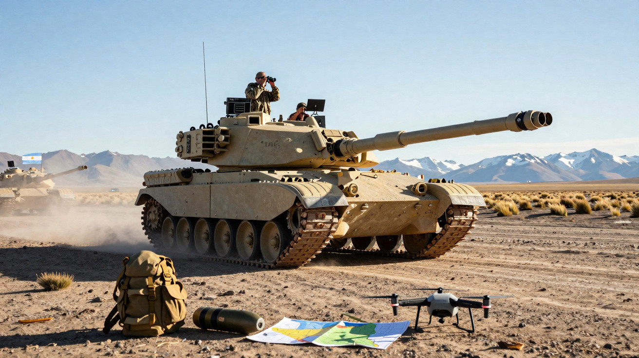 Tanque militar em terreno deserto com soldados, mochila, munição, drone e mapa no solo, montanhas ao fundo.