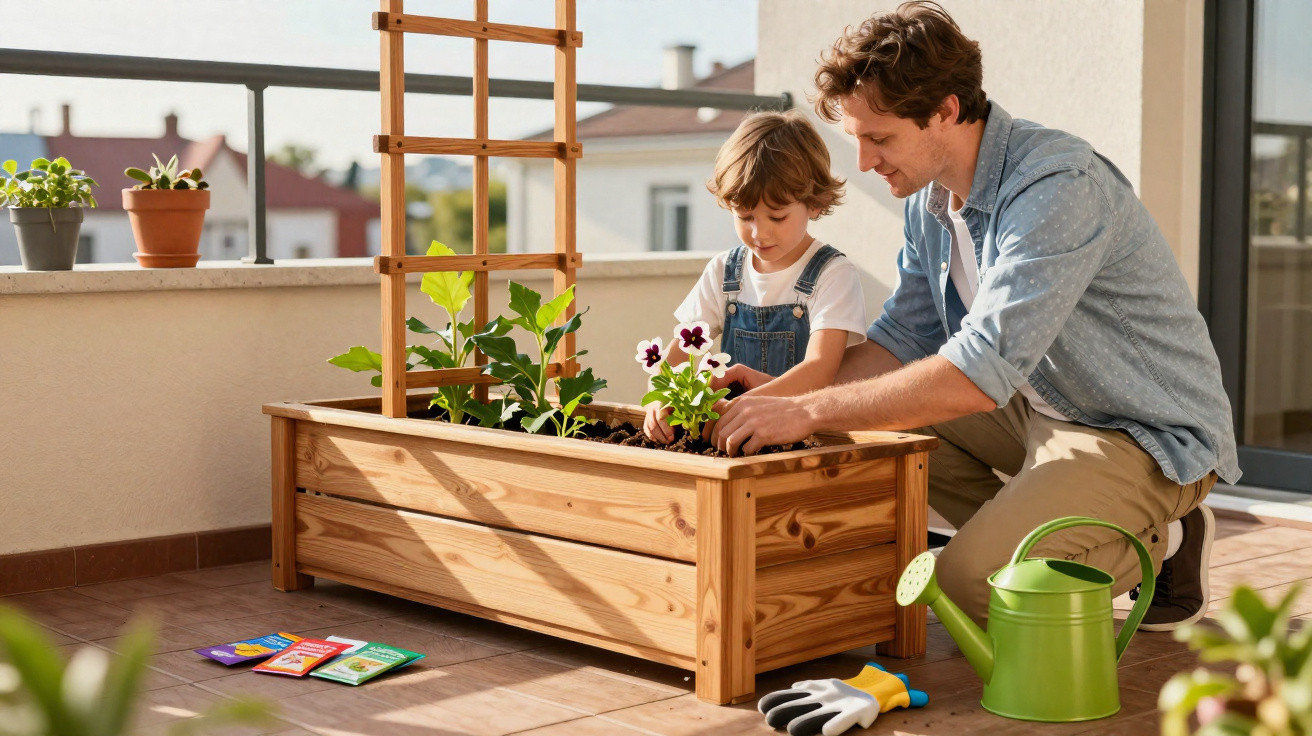Pai e filho a plantar flores num vaso de madeira numa varanda ensolarada.