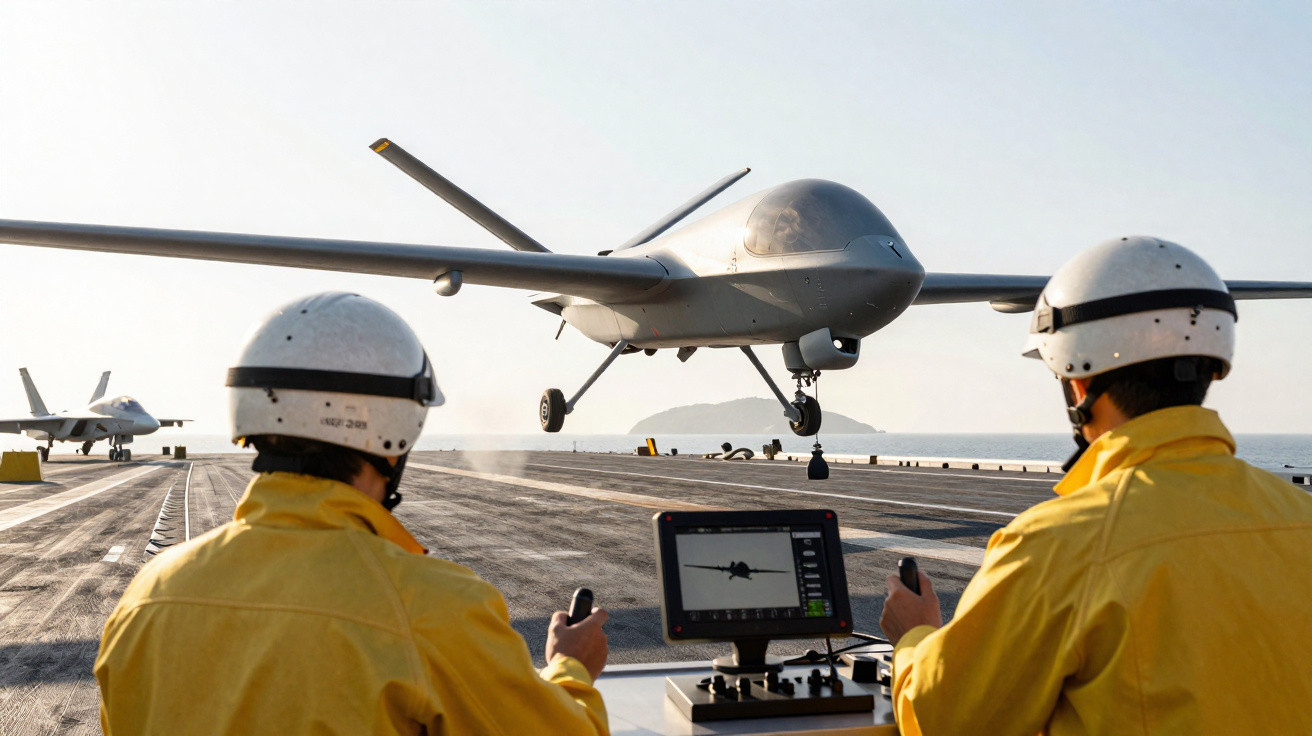 Dois técnicos em fato amarelo controlam remotamente um drone que aterra numa pista naval.