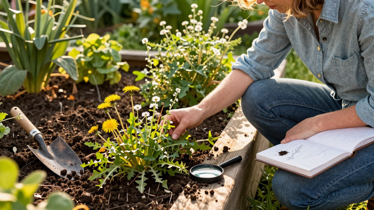 Pessoa a examinar plantas num jardim, com livro aberto, lupa e enxada à mão.