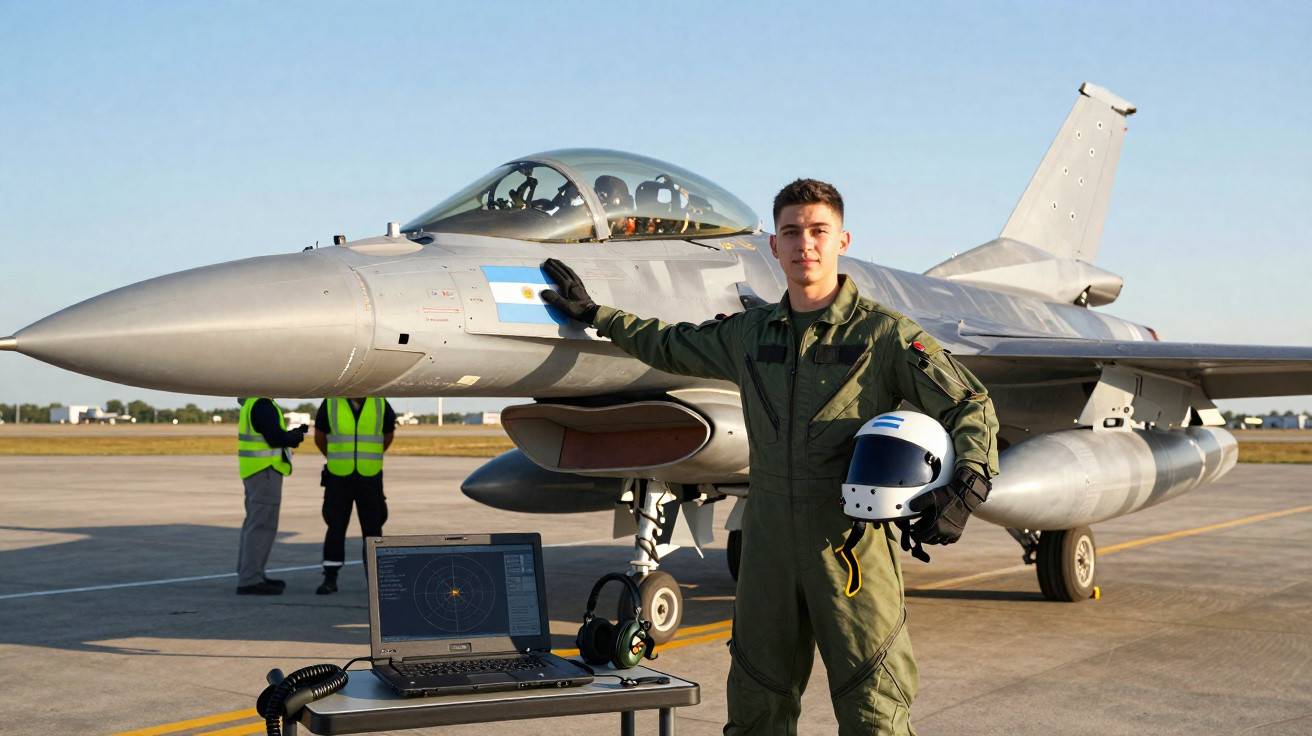 Piloto militar com fato verde segura capacete ao lado de caça com bandeira da Argentina na pista.