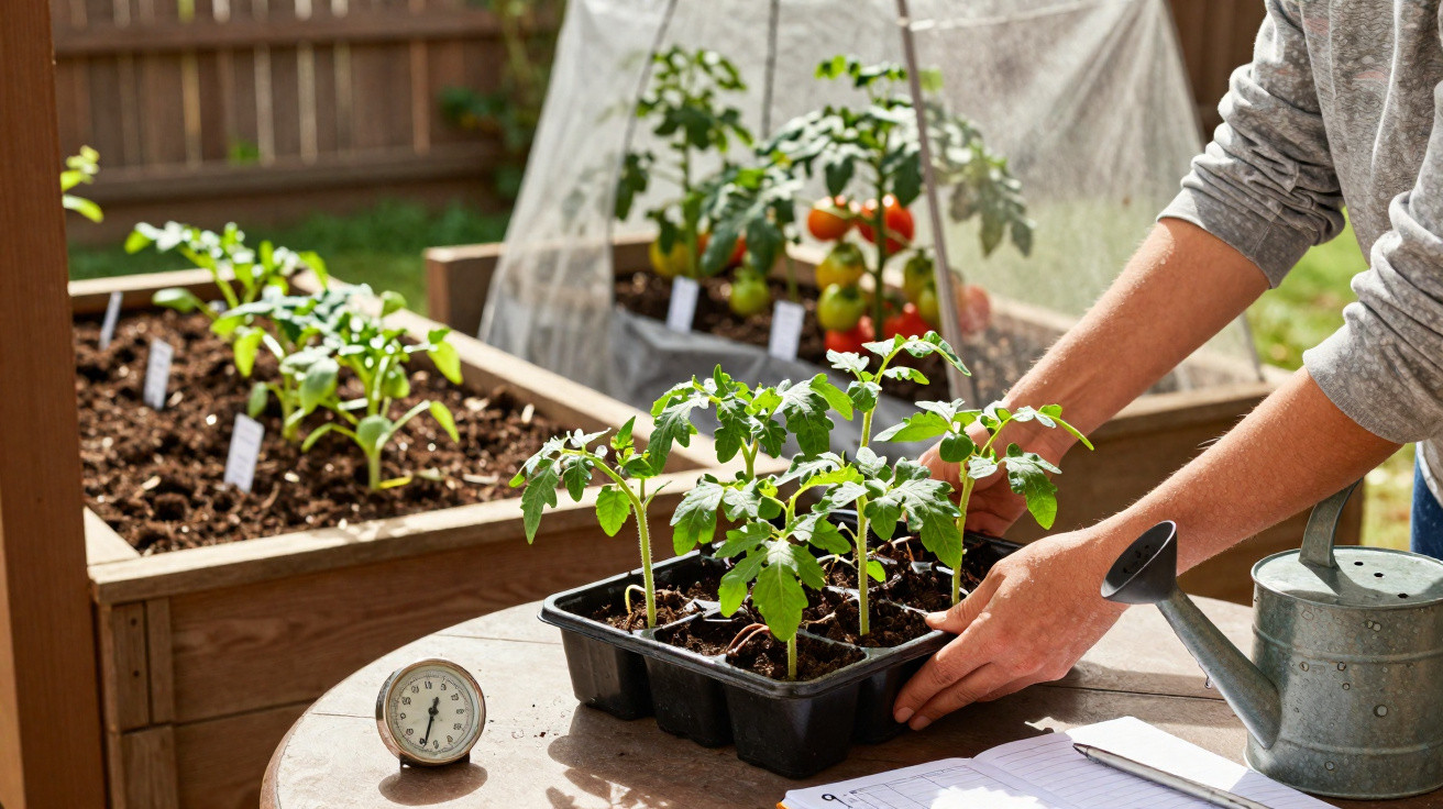 Pessoa a transplantar plantas jovens para um jardim de hortícolas ao ar livre, com regador e termómetro por perto.