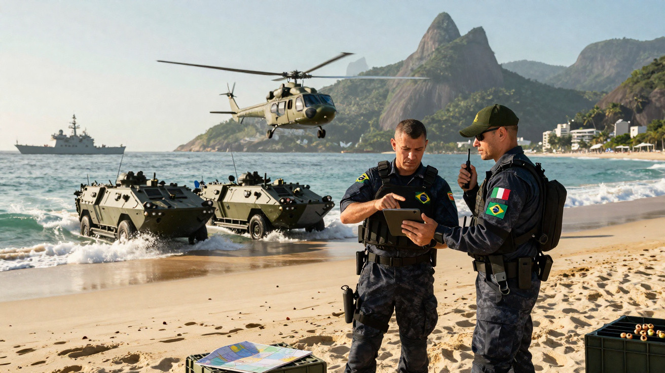 Dois soldados em uniforme marinho revisam um mapa na praia, com veículos militares anfíbios, um helicóptero e um navio ao fun
