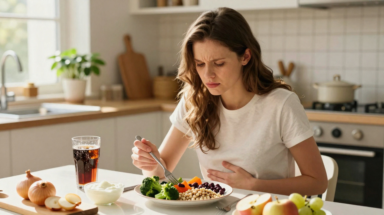 Mulher com expressão de dor segurando a barriga enquanto está sentada à mesa com comida saudável.