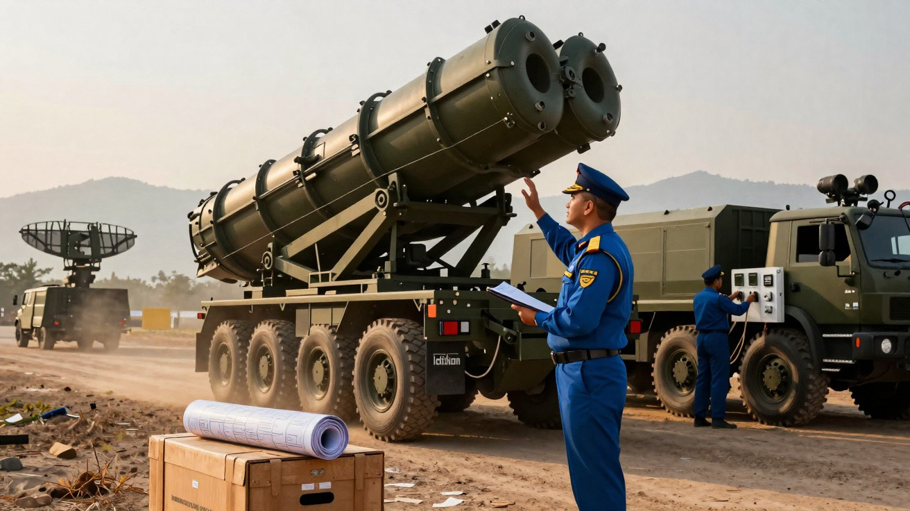 Tecnicos militares em uniforme azul operam veículos e equipamento radar e lançador de mísseis em terreno aberto.
