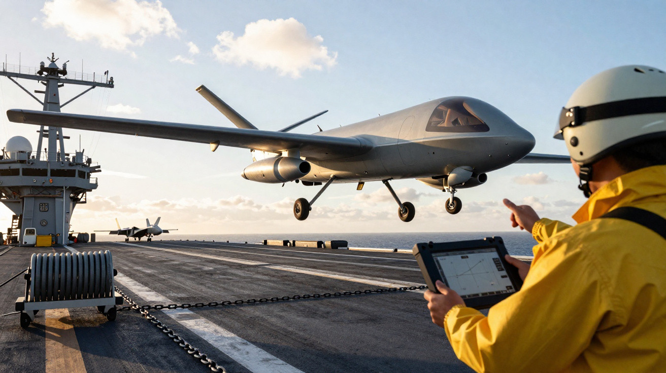 Drone militar cinzento a descolar de porta-aviões, operado por militar com tablet no convés.