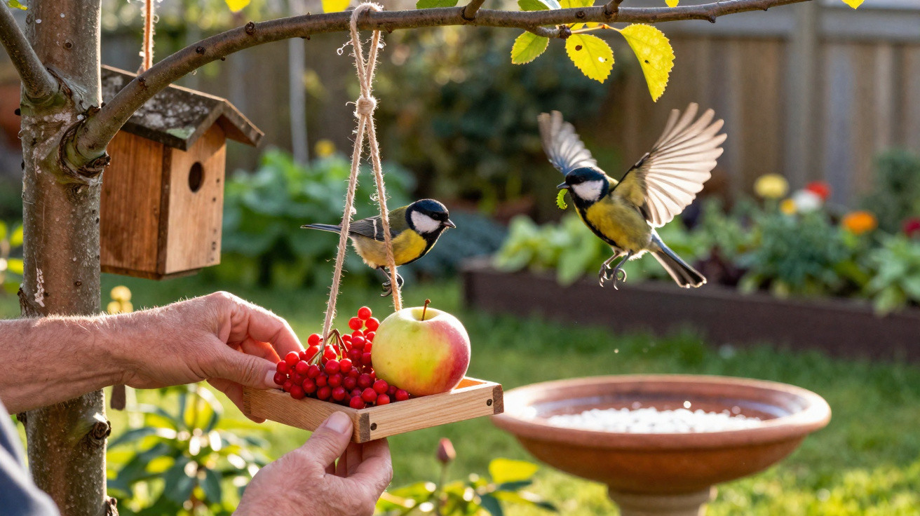 Dois pássaros a alimentar-se numa fiada com frutos vermelhos e uma maçã, com mãos humanas a segurá-la num jardim.