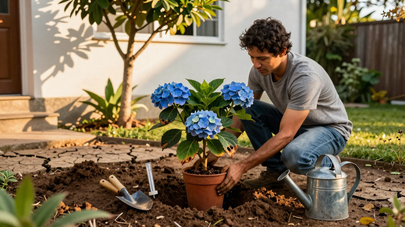 Homem a plantar hortênsia azul num vaso no jardim, rodeado de ferramentas de jardinagem.