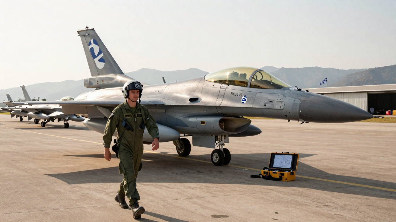 Piloto militar a caminhar na pista junto a um avião de caça F-16 estacionado num aeródromo.
