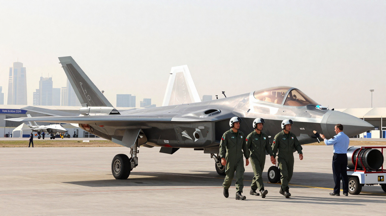 Caça furtivo estacionado em pista com três pilotos a caminhar e um técnico de uniforme azul a dar indicações.