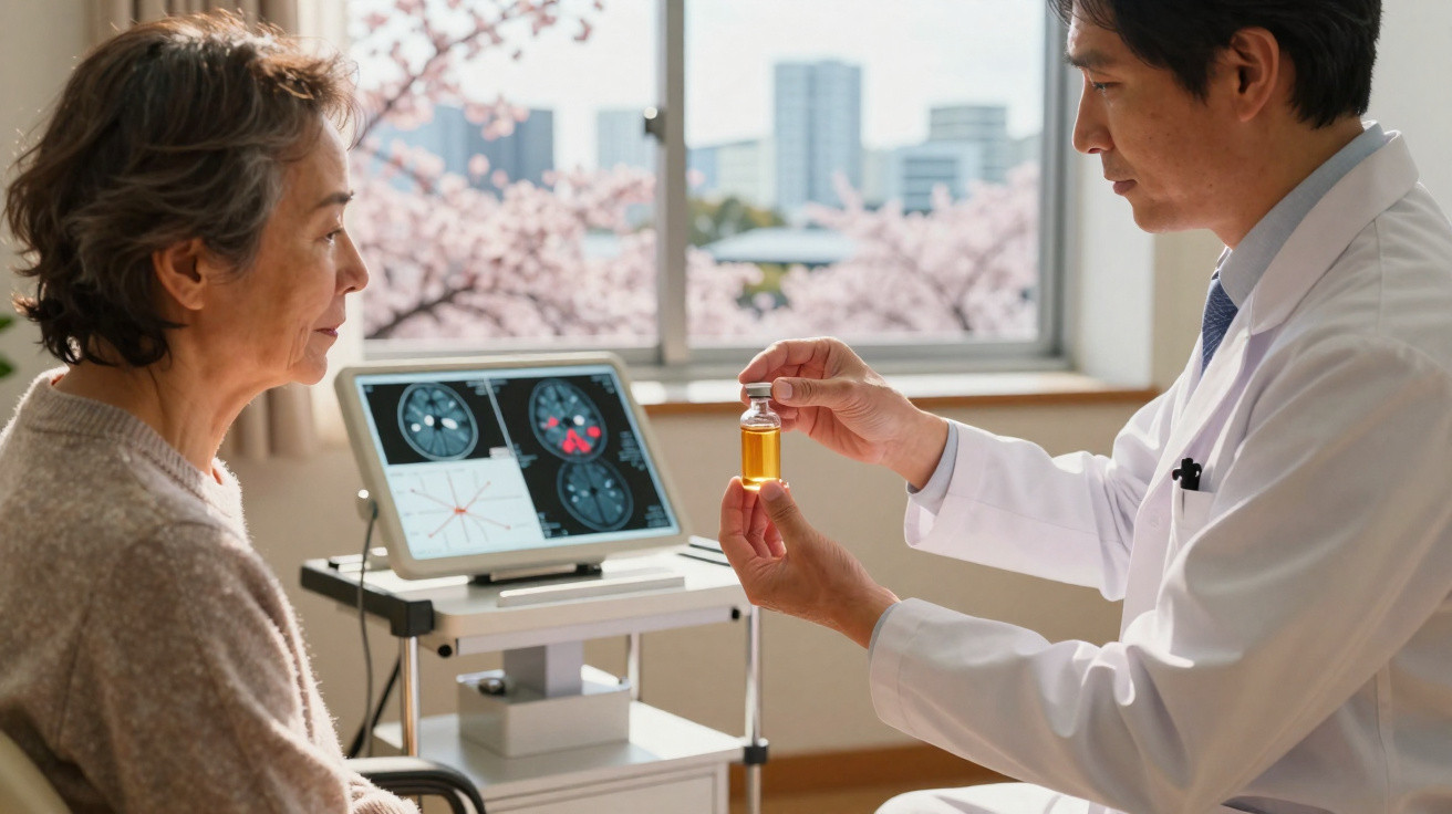 Médico mostra frasco de medicamento a mulher, com imagens de exames cerebrais num monitor ao fundo.