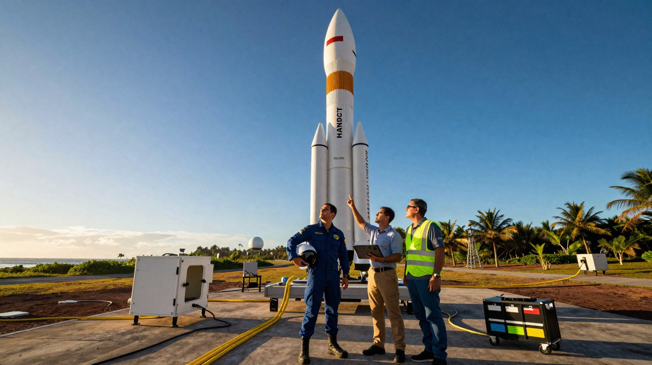 Três técnicos junto a foguetão num centro de lançamento espacial com céu limpo e palmeiras ao fundo.