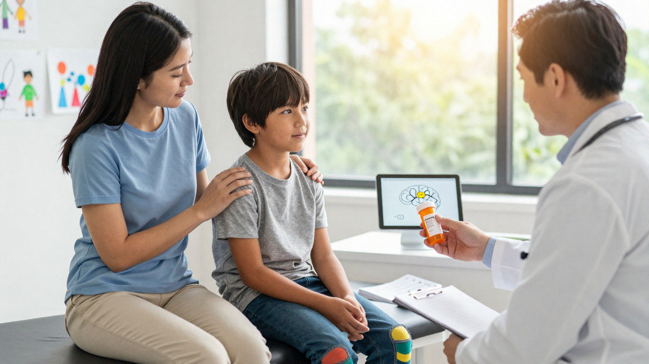 Mãe acompanha filho sentado em consulta médica com pediatra a explicar medicamento.
