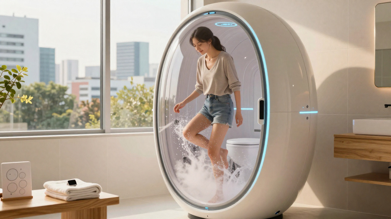 Mulher dentro de cápsula futurista limpa os pés com sistema de vapor numa casa de banho moderna.