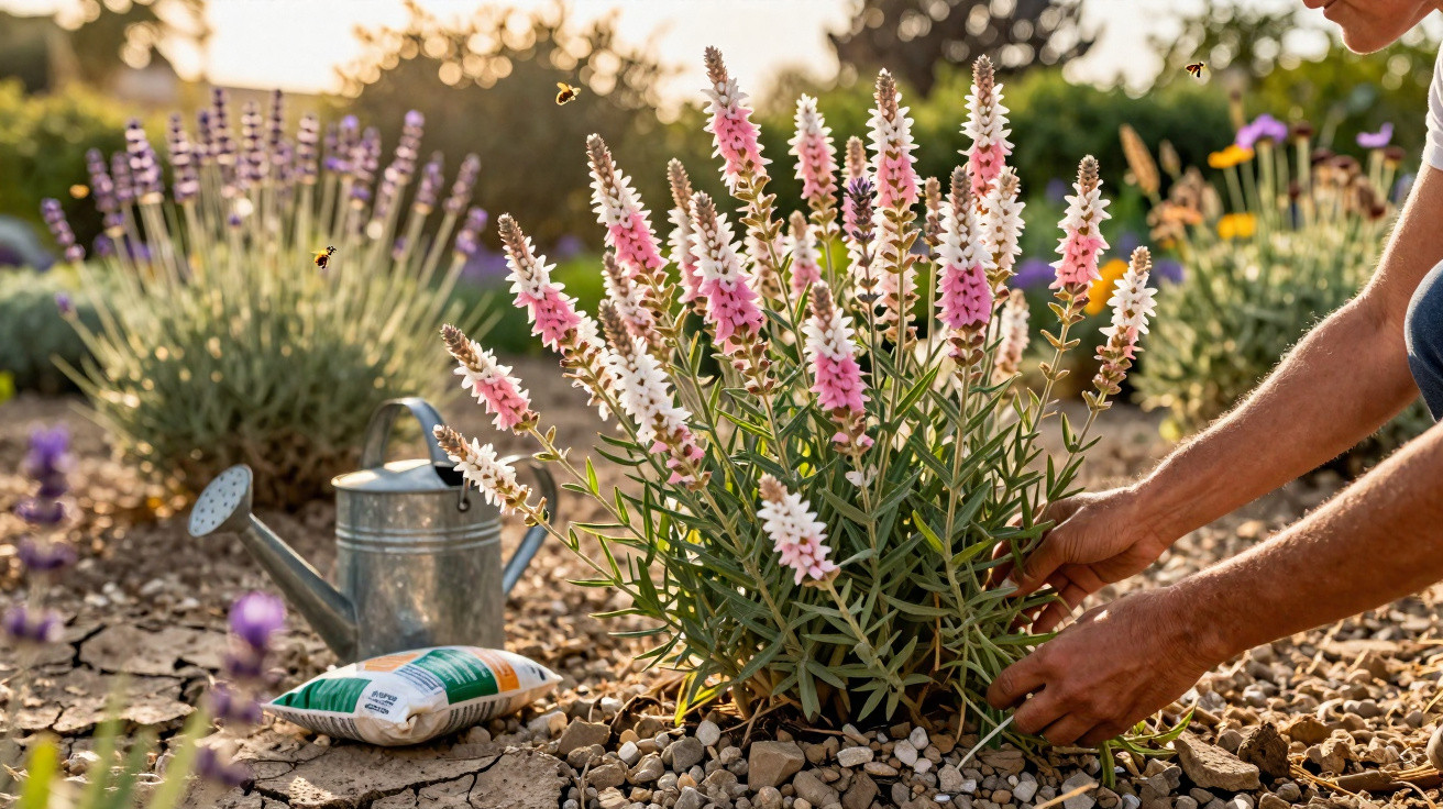 Pessoa a cuidar de plantas florescentes rosa e branco num jardim com regador e saco de fertilizante.