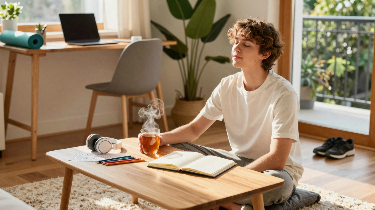 Jovem sentado no chão, relaxado, com chá quente e caderno numa sala iluminada e acolhedora.