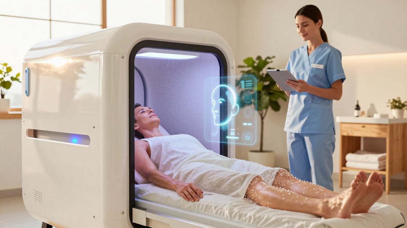 Paciente deitada numa cápsula de tratamento de spa com assistente médica a observar e anotar dados.