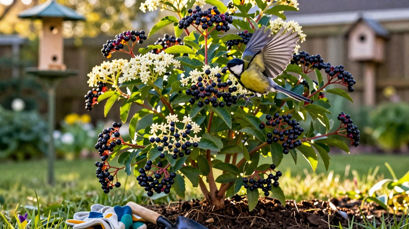 Pássaro a voar perto de arbusto com bagas pretas e flores brancas num jardim ensolarado.