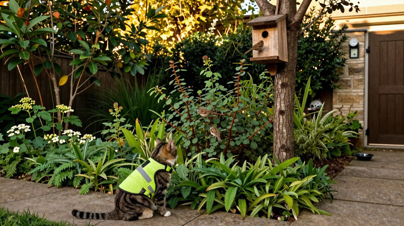 Gato com colete refletor observa pássaro em jardim com casinha de aves presa a árvore.
