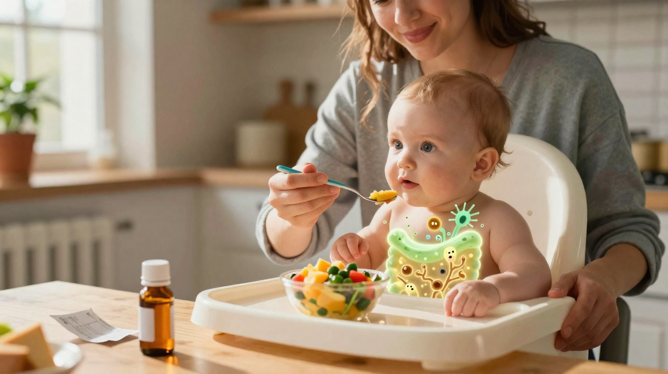 Bebé a ser alimentado pela mãe, com ilustração digital do sistema digestivo em destaque.