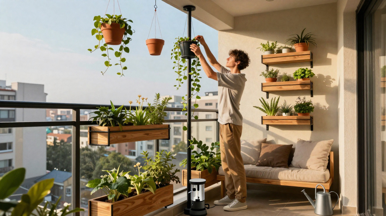 Homem jovem a cuidar de plantas numa varanda moderna com várias floreiras e um sofá.