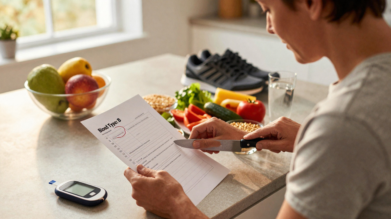 Pessoa a consultar plano alimentar ao lado de medidor de glicose, frutas e legumes numa bancada de cozinha.