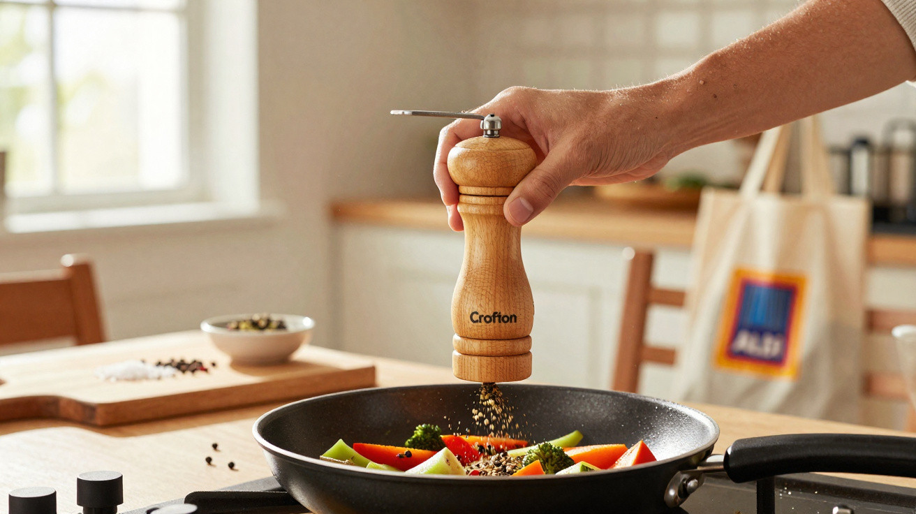 Mão a moer pimenta com moinho de madeira sobre legumes numa frigideira na cozinha clara.