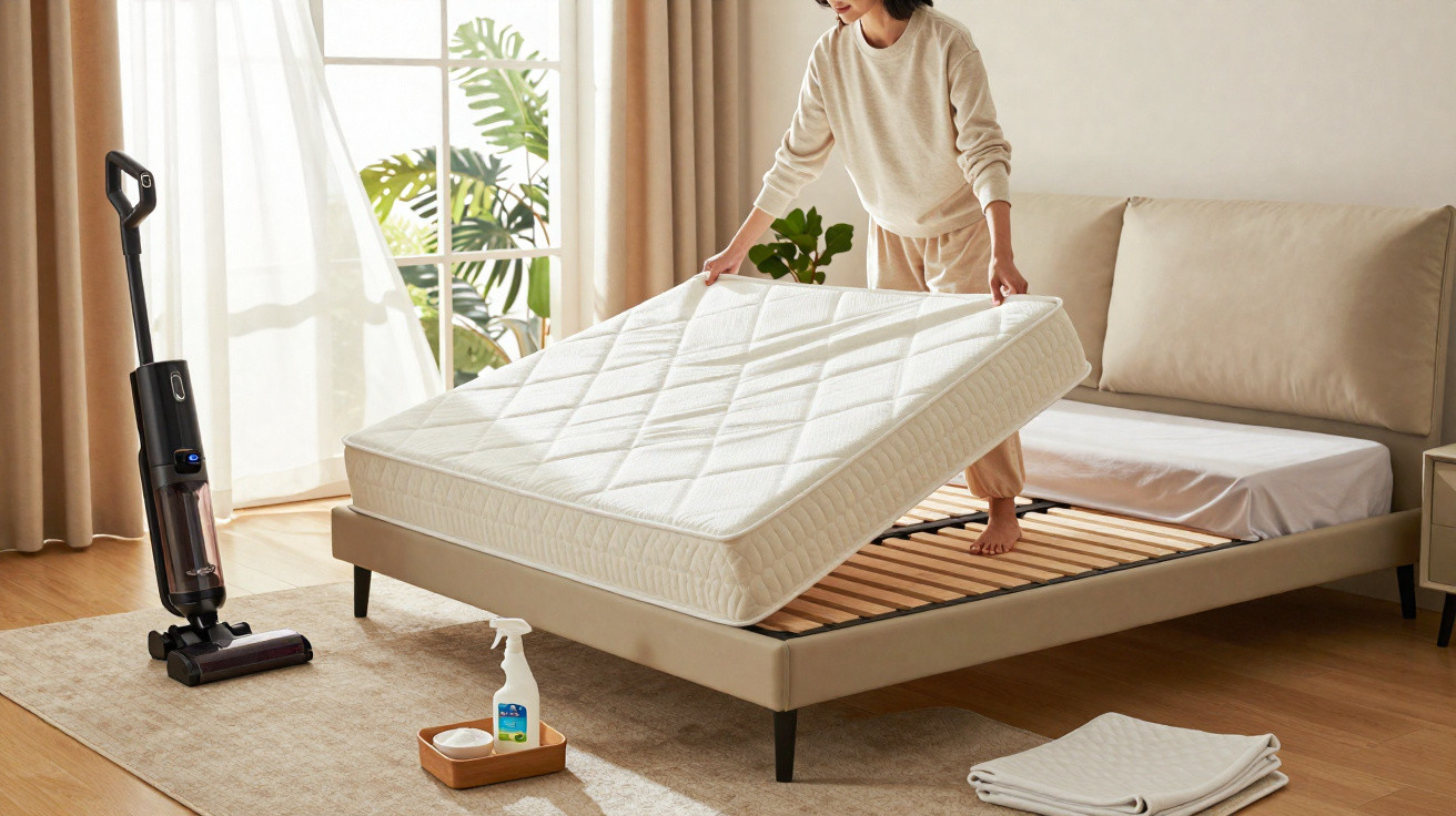 Pessoa a limpar e arejar um colchão numa cama com aspirador e produtos de limpeza ao lado.