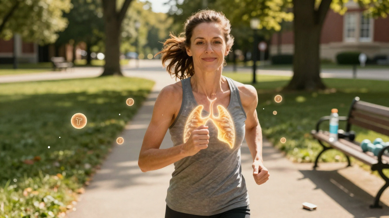 Mulher a correr num parque com ilustração digital de pulmões brilhantes sobrepostos no peito.