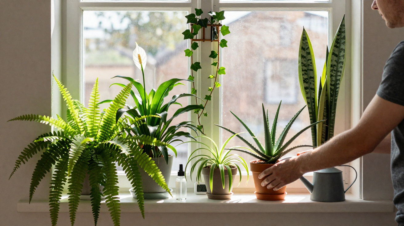 Janelas com plantas variadas em vasos, incluindo samambaia, aloe vera, e jarro de rega cinzento à direita.
