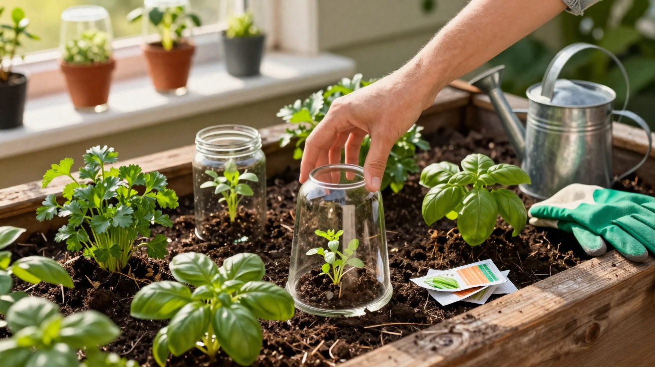Planta protegida sob copo de vidro numa horta com várias ervas aromáticas em madeira e regador perto.