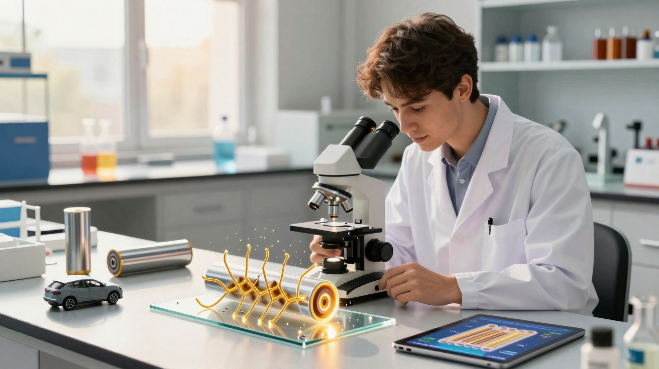 Jovem cientista de bata branca usa microscópio em laboratório com modelos e ecrã digital ao lado.