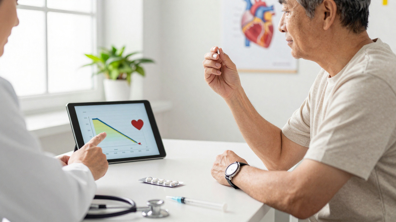 Médico a explicar gráfico cardíaco num tablet a paciente idoso que segura comprimido numa consulta médica.