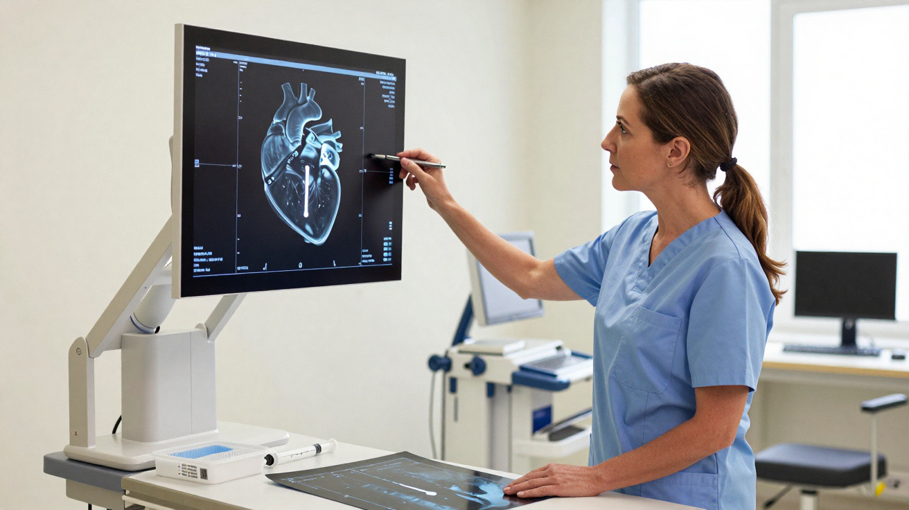 Médica a analisar imagem digital de um coração no ecrã num consultório clínico.
