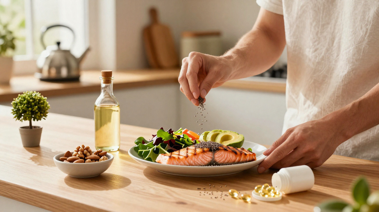 Pessoa a temperar prato com salmão grelhado, abacate e salada numa cozinha moderna bem iluminada.