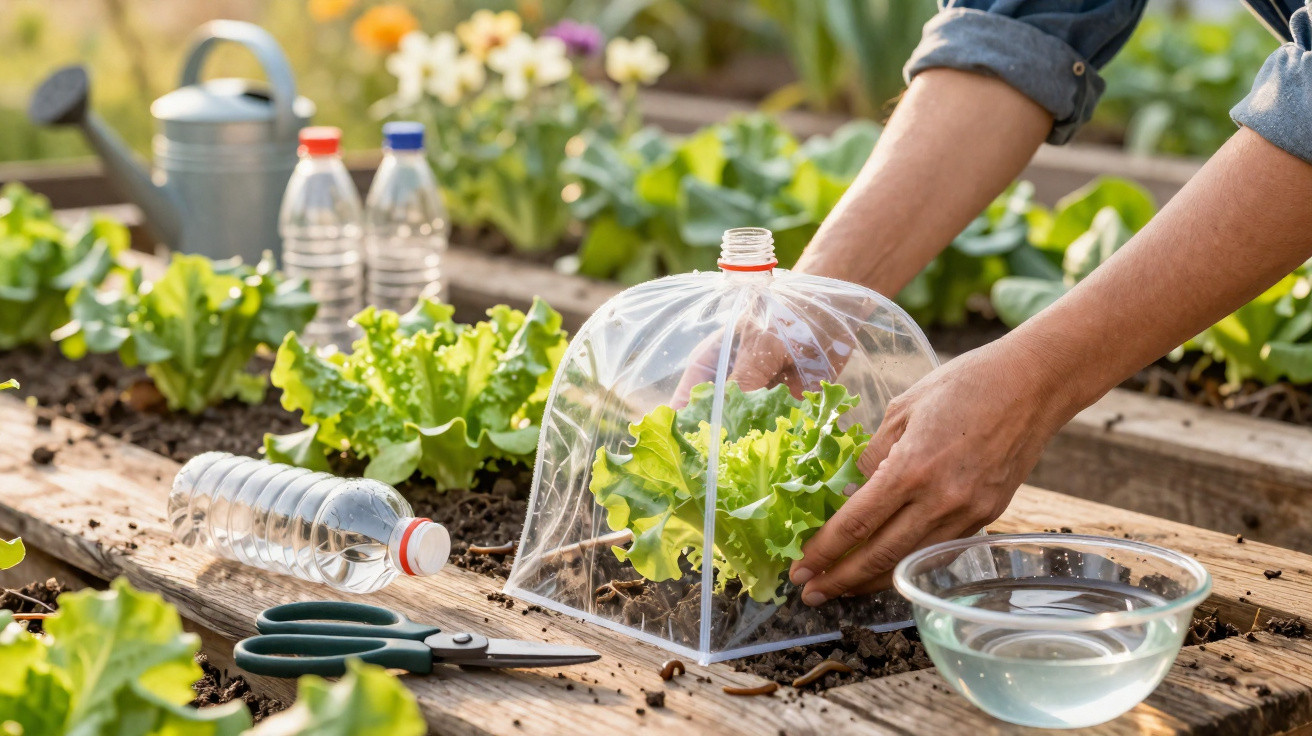 Mãos a proteger alface com cobertura de plástico num jardim, rodeado de ferramentas e refrescos.