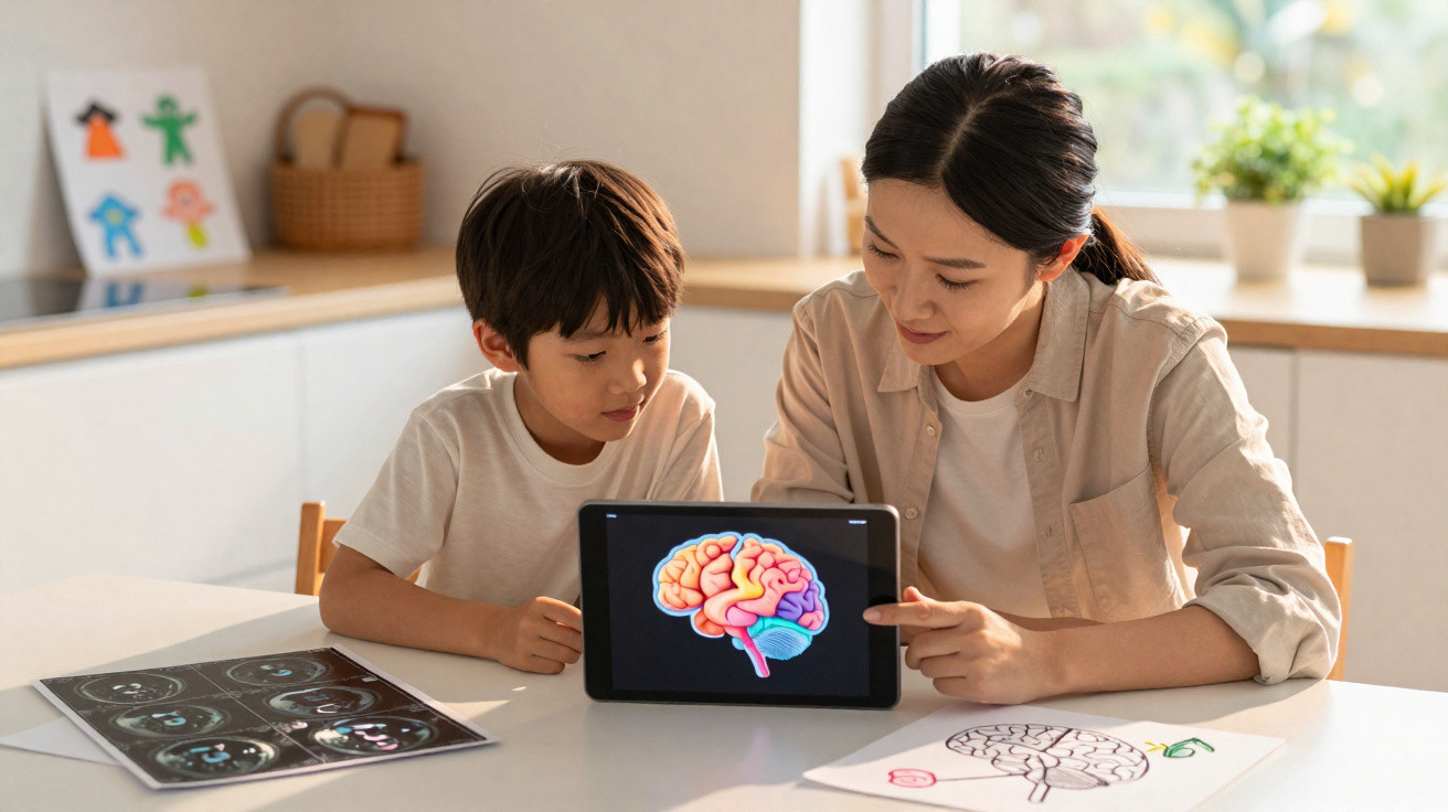 Mulher e menino a estudar o cérebro numa tablet, com desenhos e imagens médicas numa mesa iluminada.