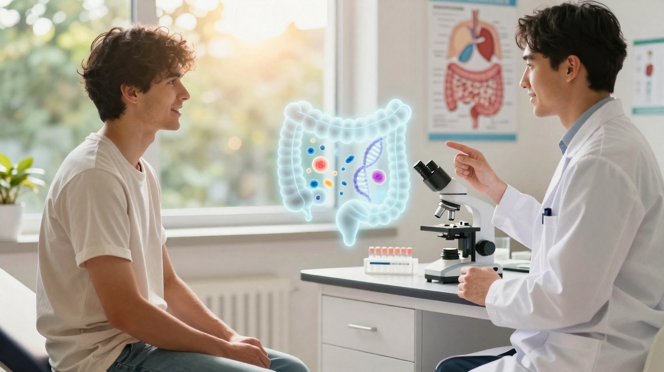 Médico explica a um jovem paciente o funcionamento e a saúde do intestino usando ilustração digital.