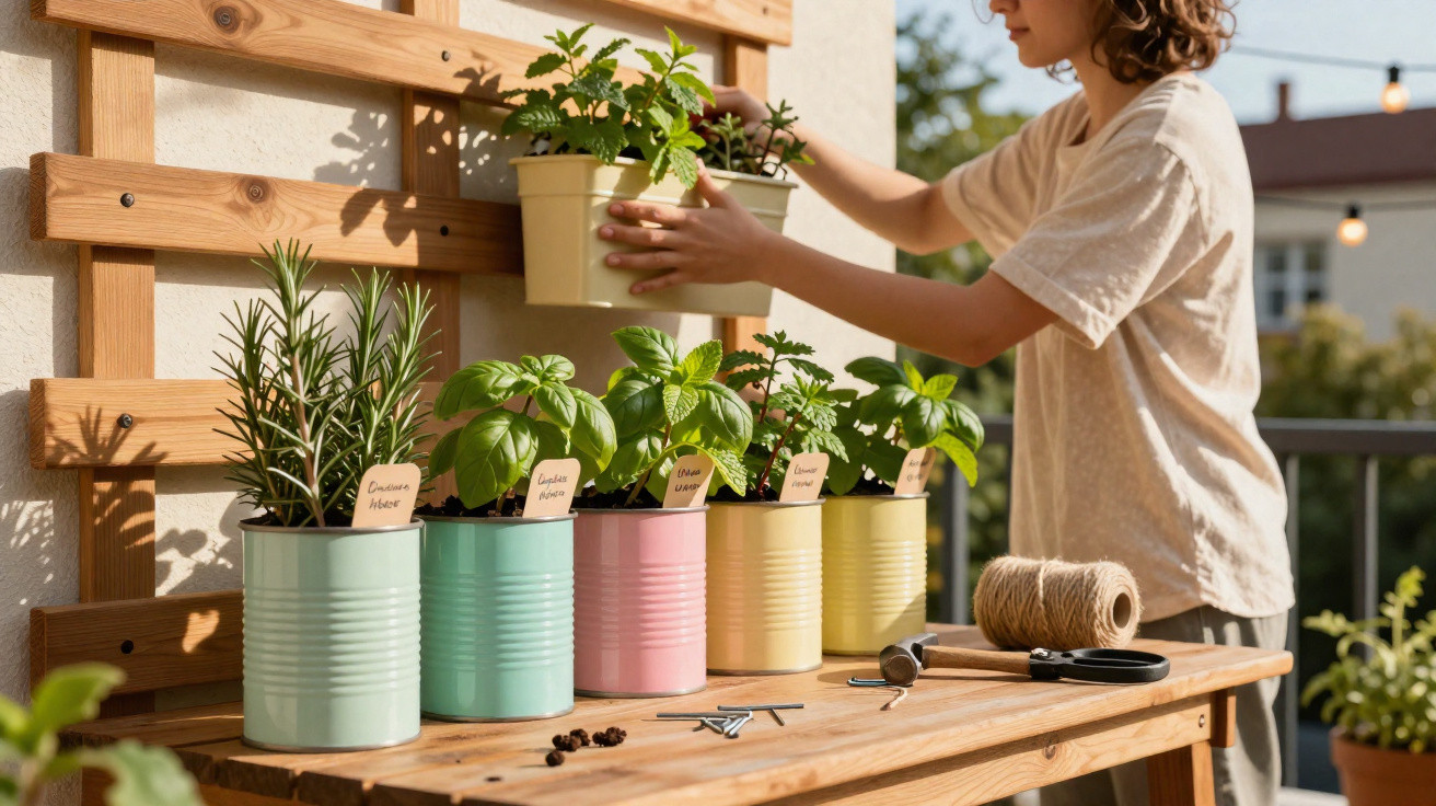 Pessoa a cuidar de hortas em vasos coloridos em varanda com luz natural e ferramentas de jardinagem.