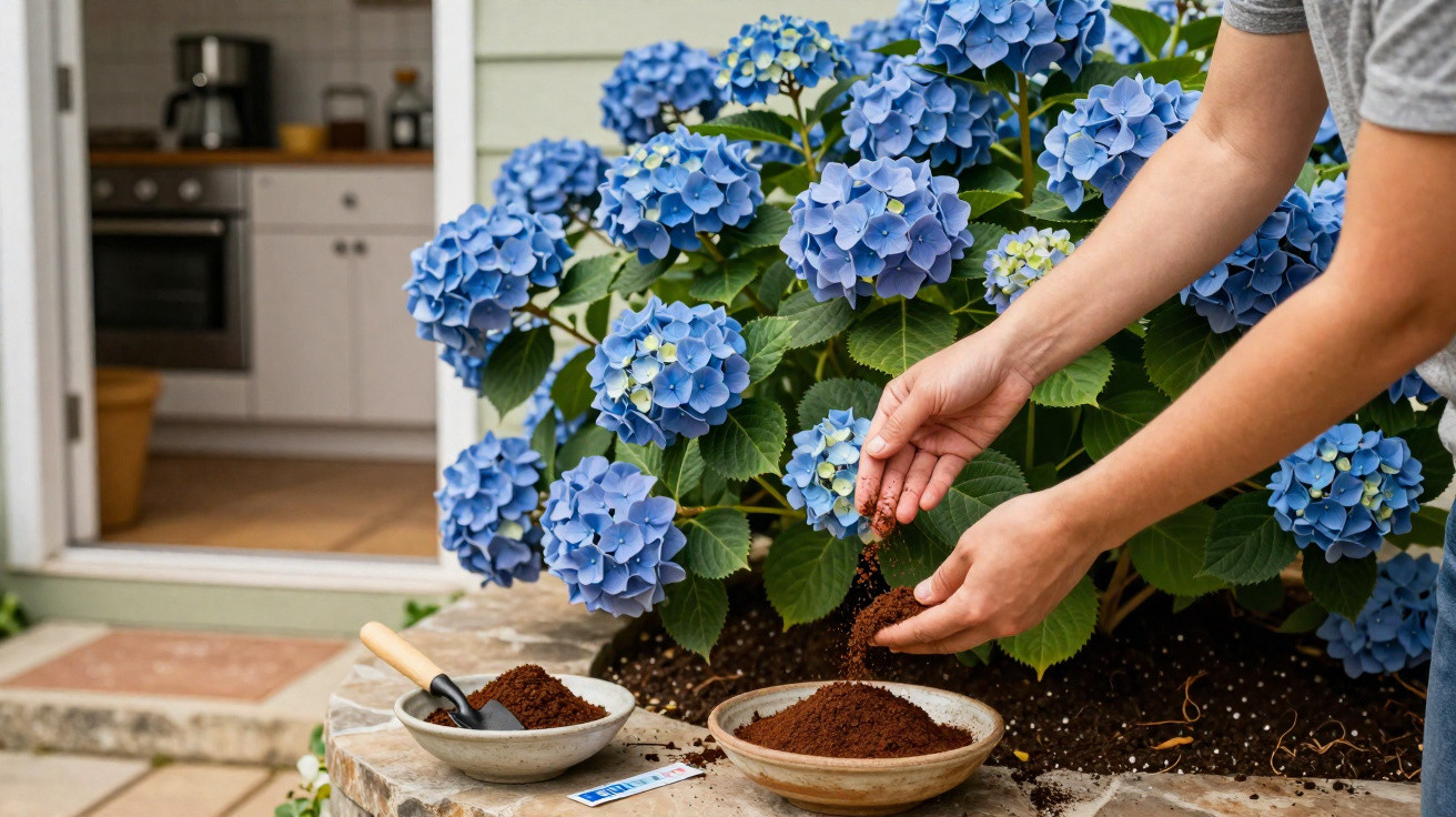 Pessoa a adubar hortênsias azuis num jardim junto a uma casa com cozinha visível ao fundo.