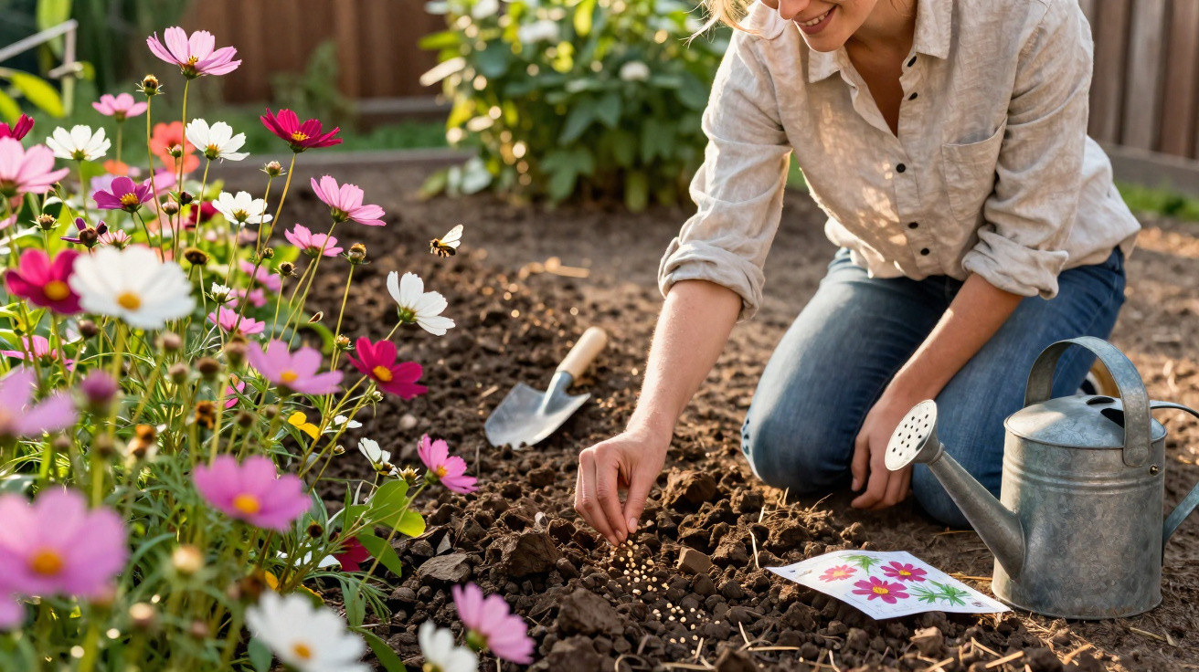 Pessoa a semear sementes numa horta com flores coloridas ao lado, regador e enxada no chão.