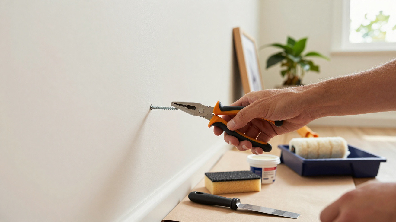 Mão segura alicate a apertar parafuso na parede, com ferramentas e materiais de pintura ao fundo.