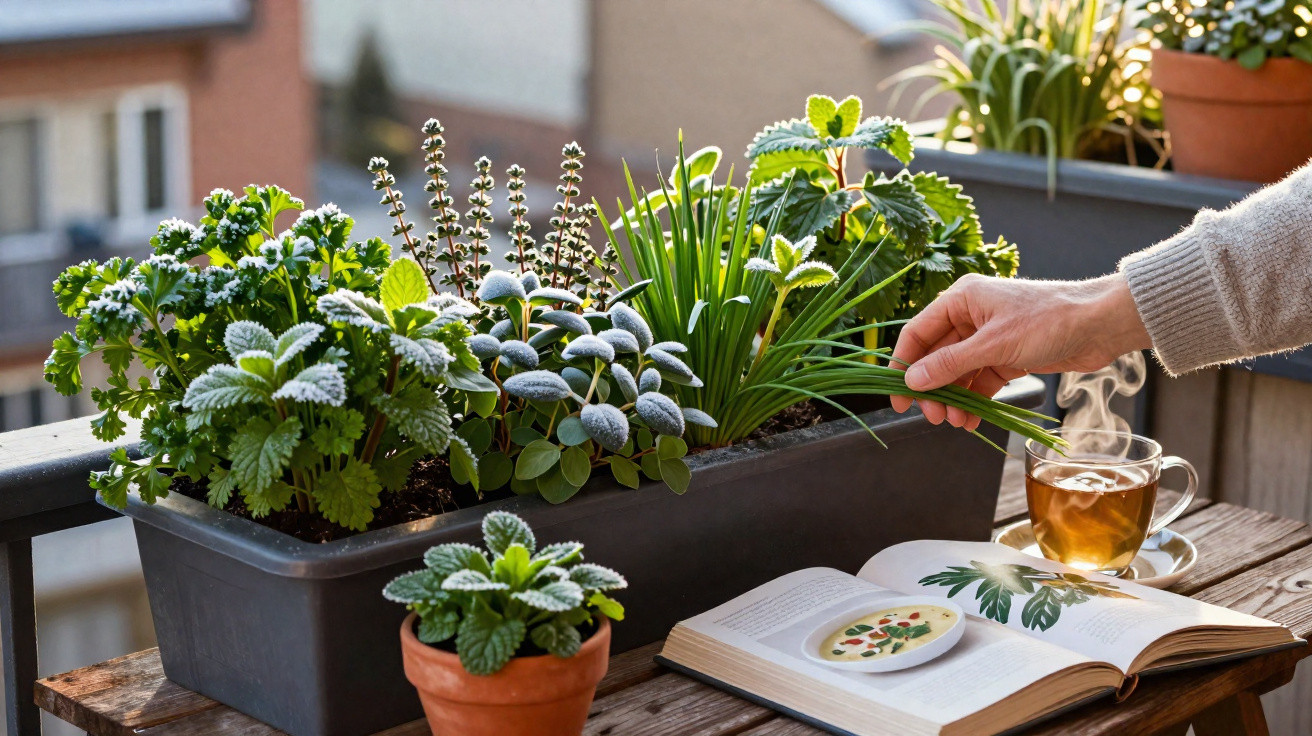 Mãos a colher ervas aromáticas em vaso no terraço com chá quente e livro aberto sobre mesa de madeira.