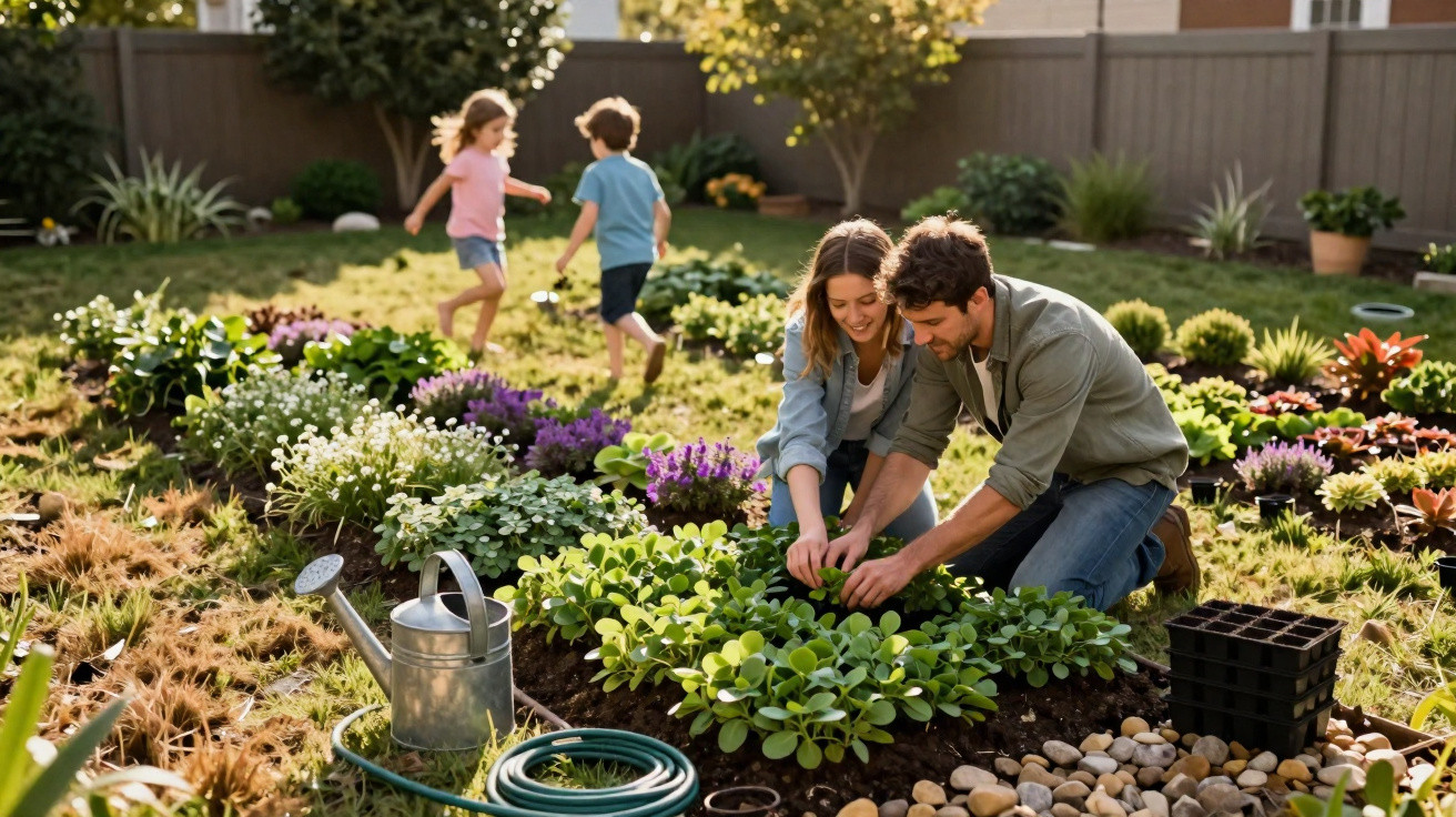 Casal a cuidar de plantas num canteiro de jardim, com duas crianças a brincar ao fundo.